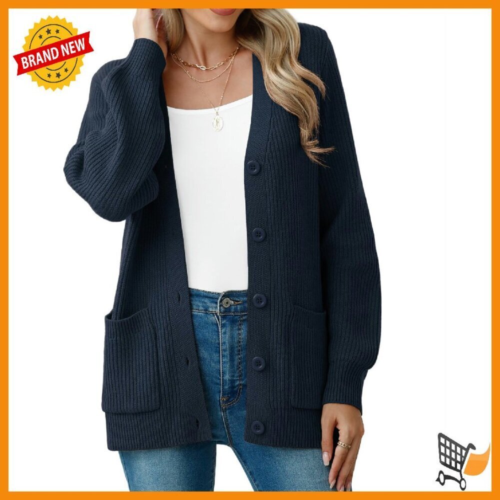 Chunky Knit Cardigan Sweater Long Sleeve V Neck Button Up with Pockets